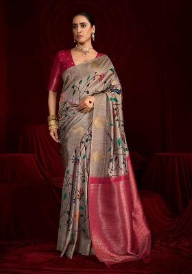 Red Woven Silk Blend Saree Set