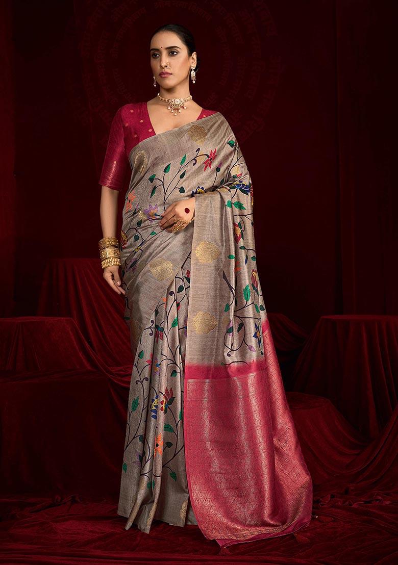 Red Woven Silk Blend Saree Set - Indya