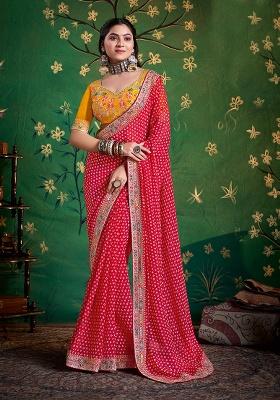 Pink Embroidered Faux Georgette Saree Set