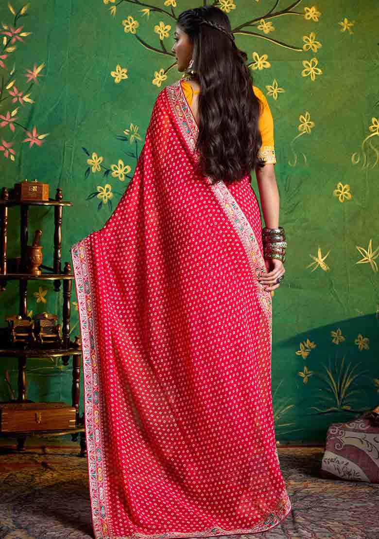Pink Embroidered Faux Georgette Saree Set - Indya