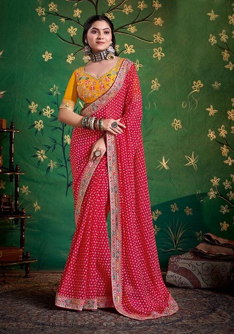 Pink Embroidered Faux Georgette Saree Set