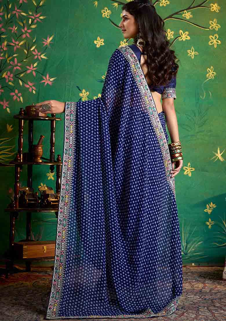 Navy Blue Embroidered Faux Georgette Saree Set - Indya