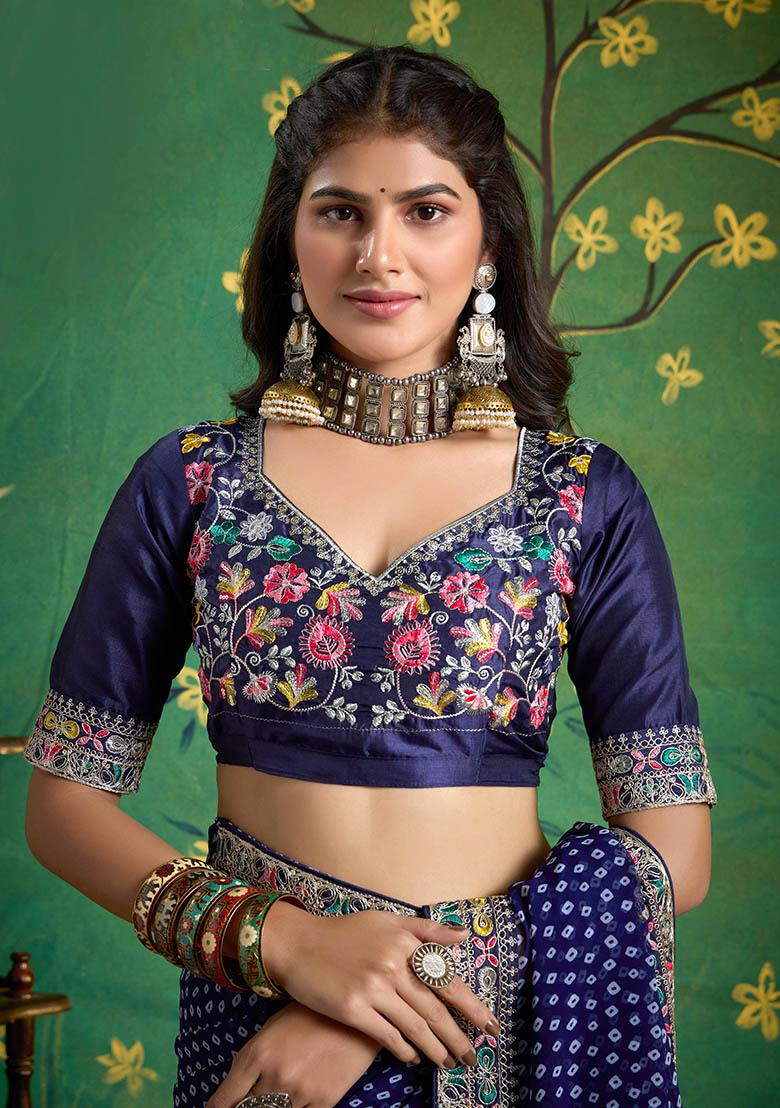 Navy Blue Embroidered Faux Georgette Saree Set - Indya