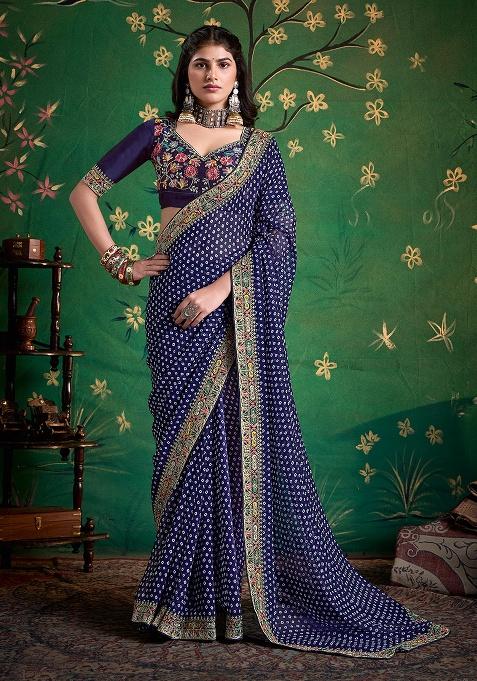 Navy Blue Embroidered Faux Georgette Saree Set