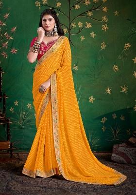 Yellow Embroidered Faux Georgette Saree Set