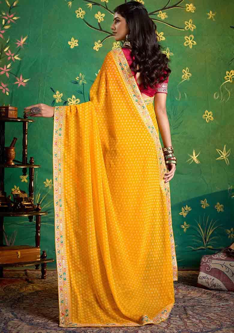 Yellow Embroidered Faux Georgette Saree Set - Indya