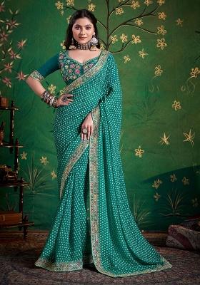 Sea Green Embroidered Faux Georgette Saree Set