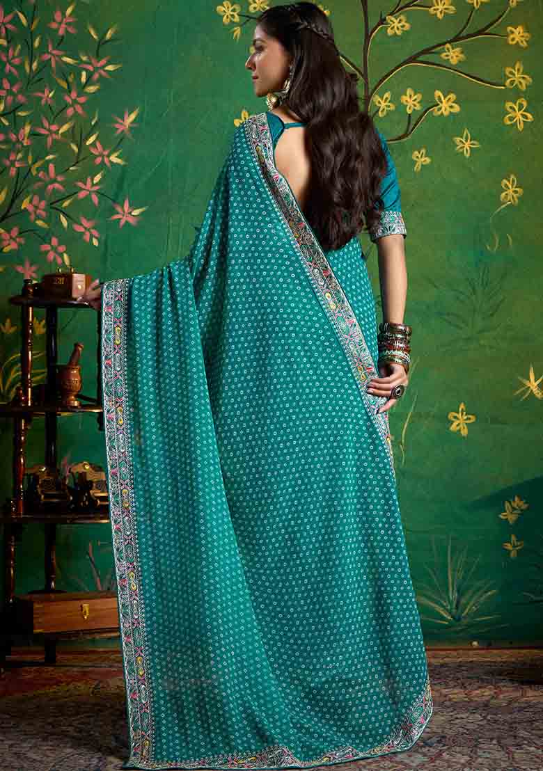 Sea Green Embroidered Faux Georgette Saree Set - Indya