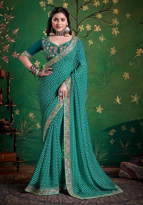 Sea Green Embroidered Faux Georgette Saree Set