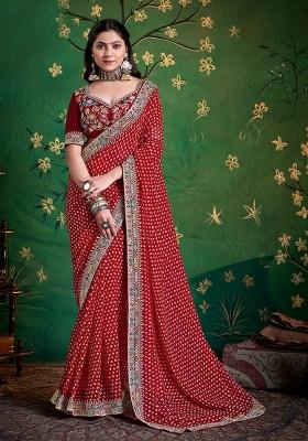 Maroon Embroidered Faux Georgette Saree Set