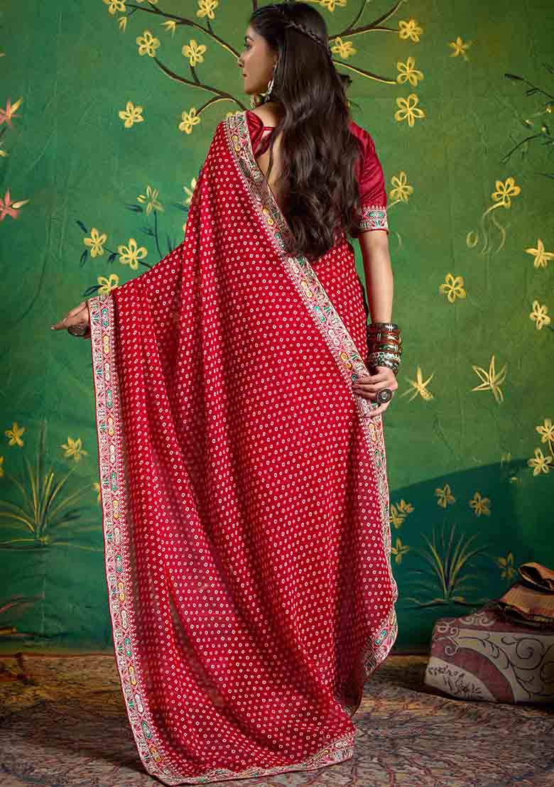 Maroon Embroidered Faux Georgette Saree Set - Indya