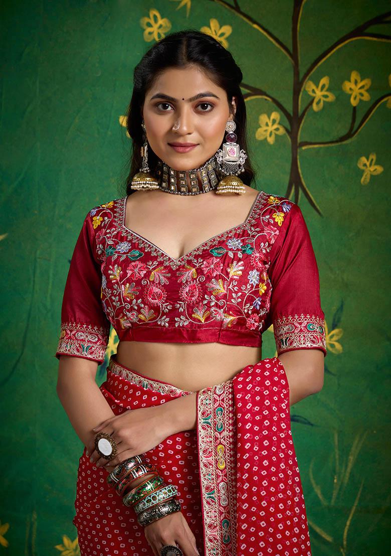 Maroon Embroidered Faux Georgette Saree Set - Indya