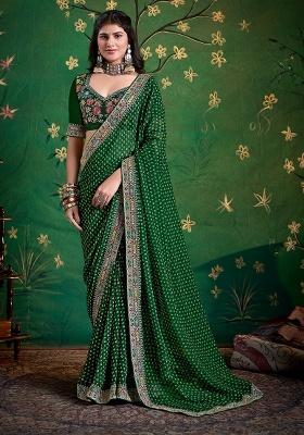 Dark Green Embroidered Faux Georgette Saree Set