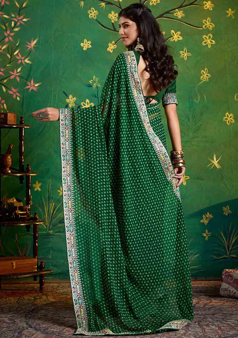Dark Green Embroidered Faux Georgette Saree Set - Indya