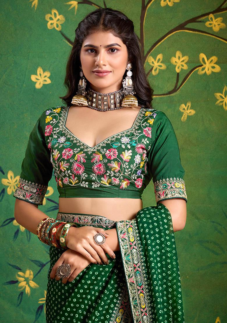 Dark Green Embroidered Faux Georgette Saree Set - Indya