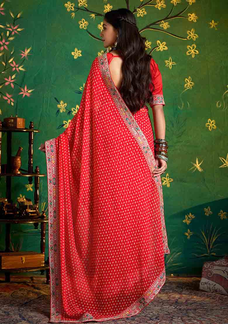 Red Embroidered Faux Georgette Saree Set - Indya