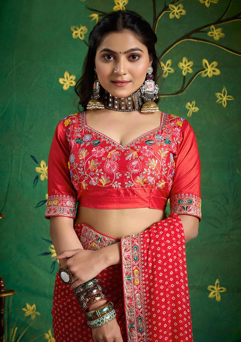 Red Embroidered Faux Georgette Saree Set - Indya