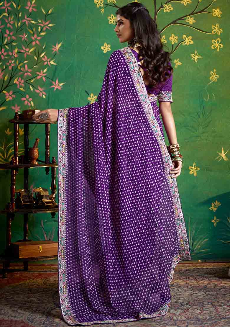Violet Embroidered Faux Georgette Saree Set - Indya