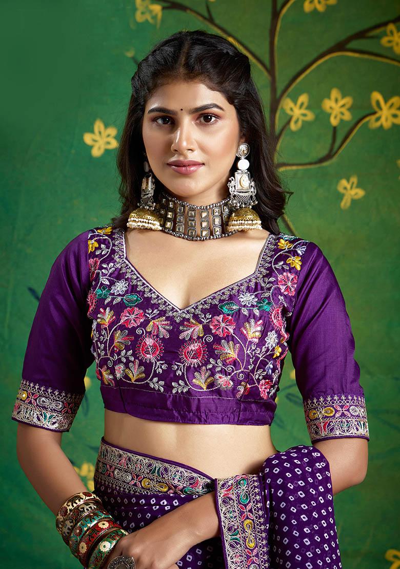 Violet Embroidered Faux Georgette Saree Set - Indya