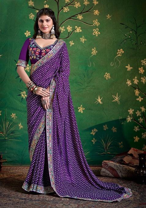 Violet Embroidered Faux Georgette Saree Set