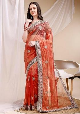 Orange Embroidered Art Silk Saree Set