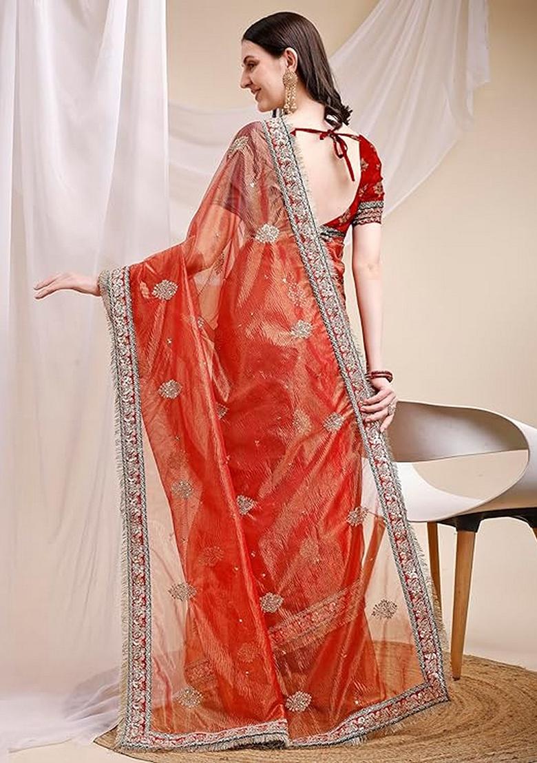 Orange Embroidered Art Silk Saree Set - Indya