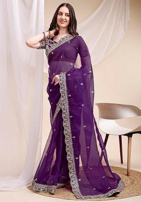 Purple Embroidered Organza Saree Set