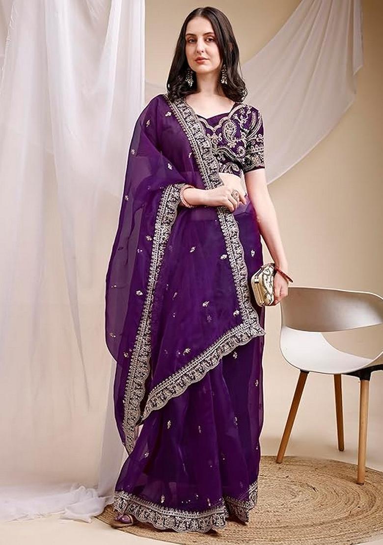 Purple Embroidered Organza Saree Set - Indya