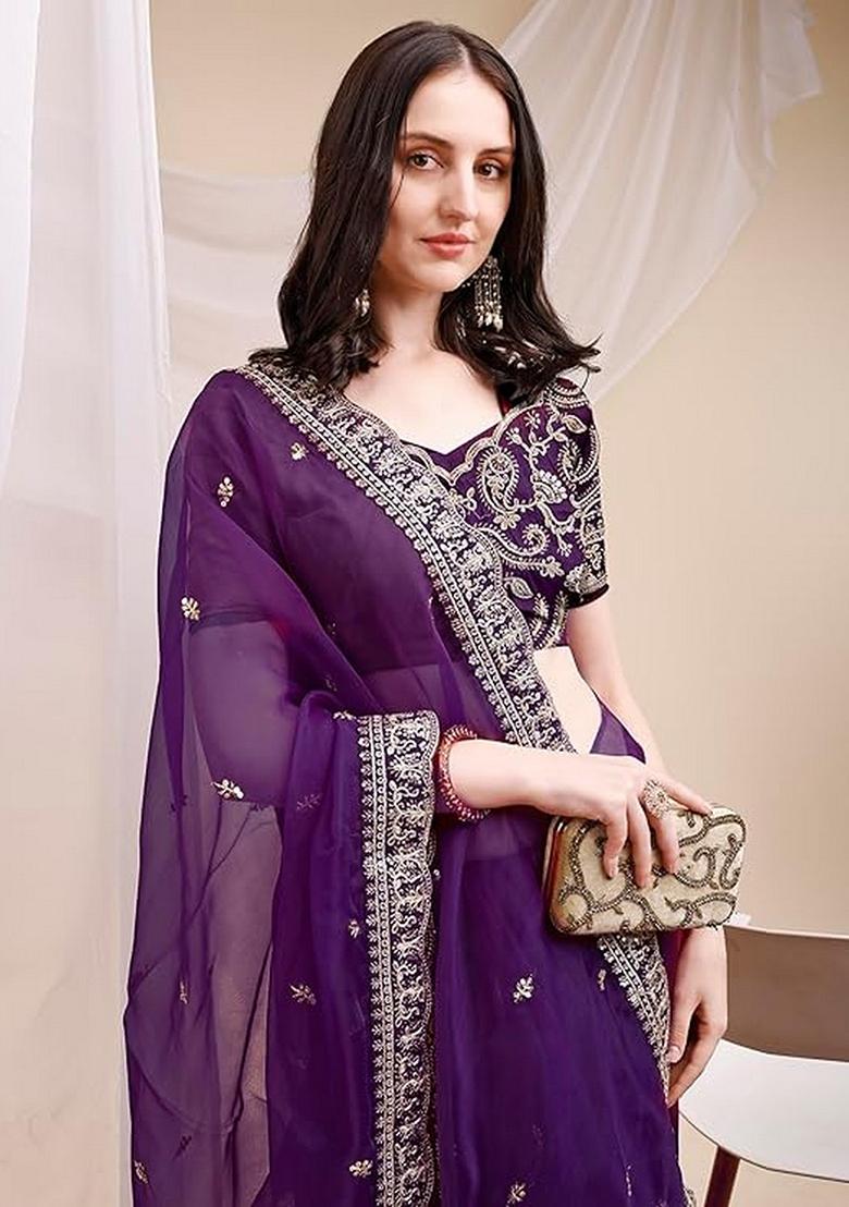 Purple Embroidered Organza Saree Set - Indya
