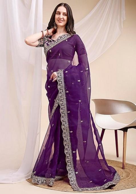 Purple Embroidered Organza Saree Set