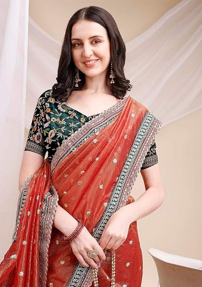 Orange Embroidered Art Silk Saree Set - Indya