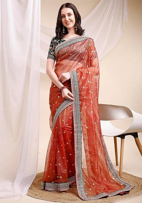 Orange Embroidered Art Silk Saree Set
