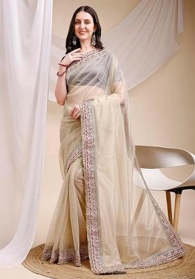 Beige Embroidered Art Silk Saree Set