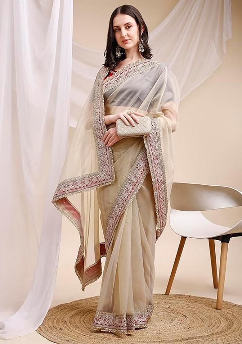 Beige Embroidered Art Silk Saree Set - Indya