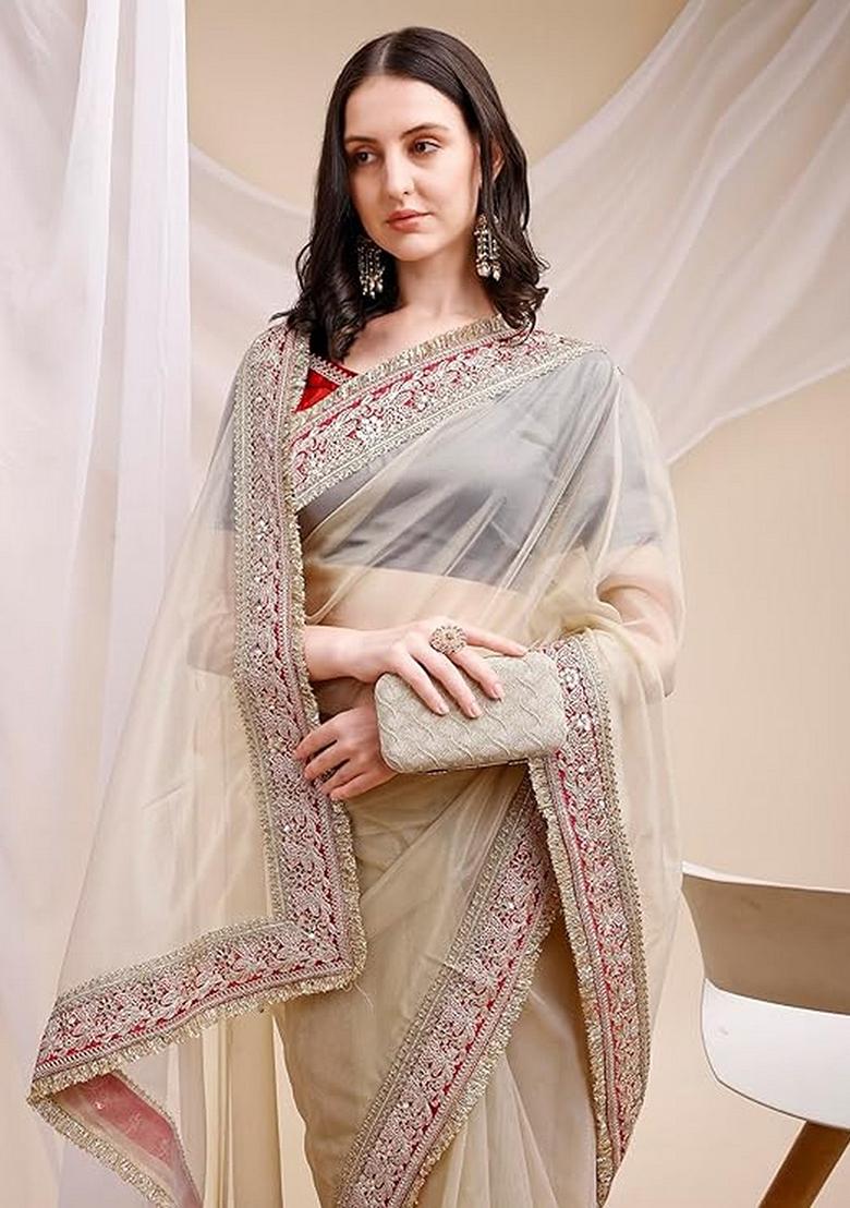 Beige Embroidered Art Silk Saree Set - Indya
