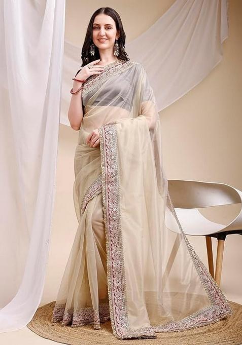 Beige Embroidered Art Silk Saree Set