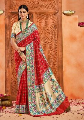 Red Printed Faux Tussar Silk Saree Set