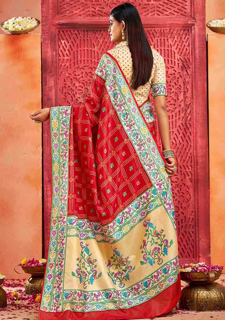 Red Printed Faux Tussar Silk Saree Set - Indya