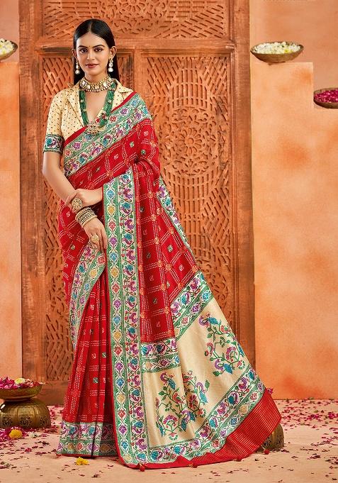 Red Printed Faux Tussar Silk Saree Set