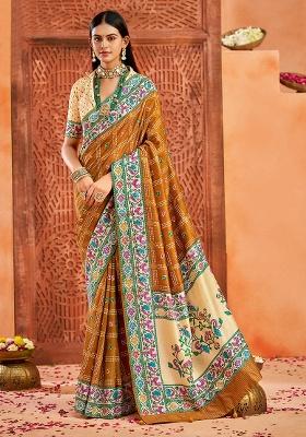 Mustard Printed Faux Tussar Silk Saree Set
