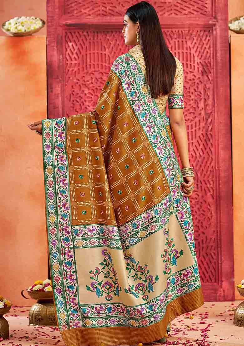 Mustard Printed Faux Tussar Silk Saree Set - Indya
