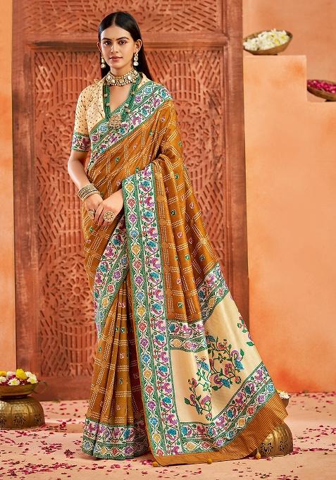 Mustard Printed Faux Tussar Silk Saree Set