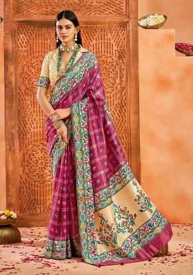 Pink Printed Faux Tussar Silk Saree Set