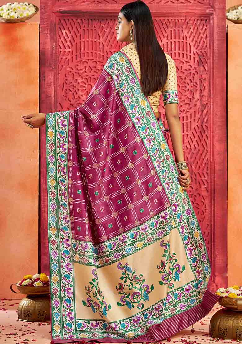 Pink Printed Faux Tussar Silk Saree Set - Indya