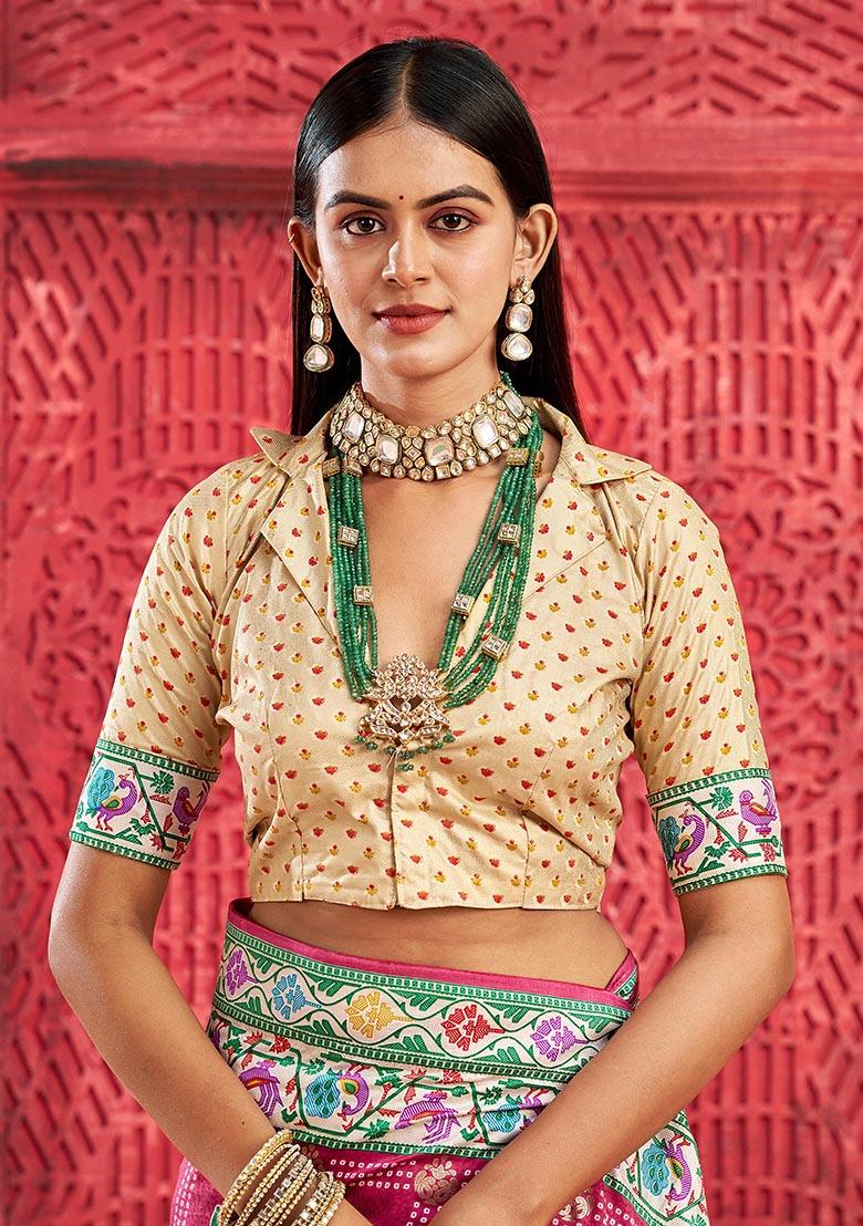 Pink Printed Faux Tussar Silk Saree Set - Indya