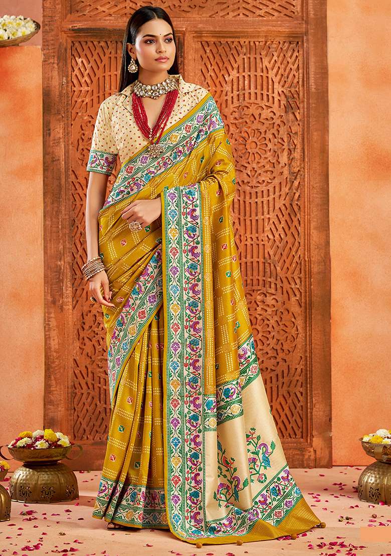 Gold Faux Tussar Silk Saree Set with Printed for Diwali | Wedding & Festive Wear - Indya