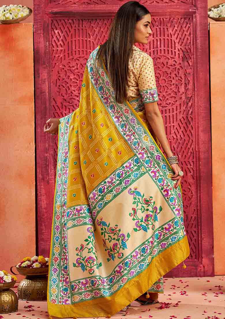 Gold Printed Faux Tussar Silk Saree Set - Indya