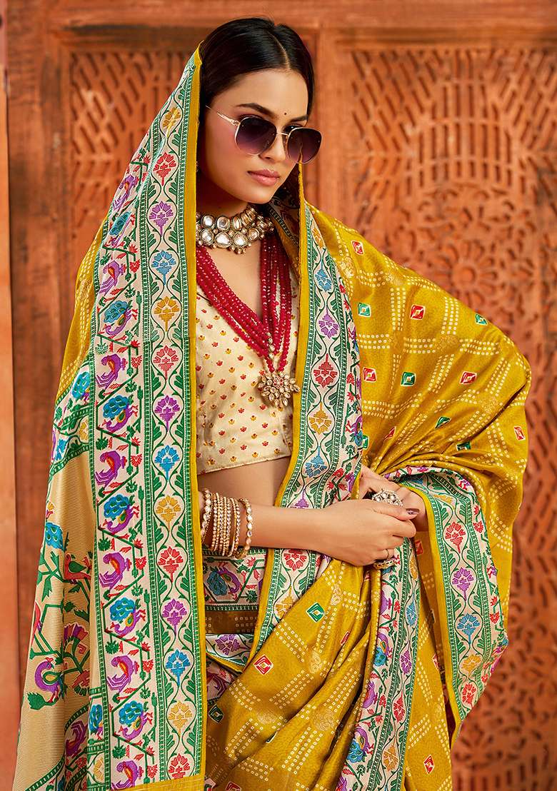 Gold Faux Tussar Silk Saree Set with Printed for Diwali | Wedding & Festive Wear - Indya