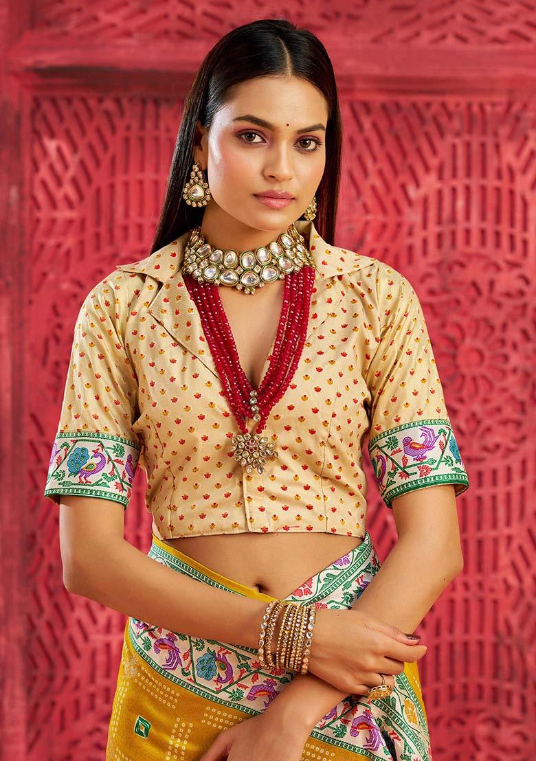 Gold Printed Faux Tussar Silk Saree Set - Indya