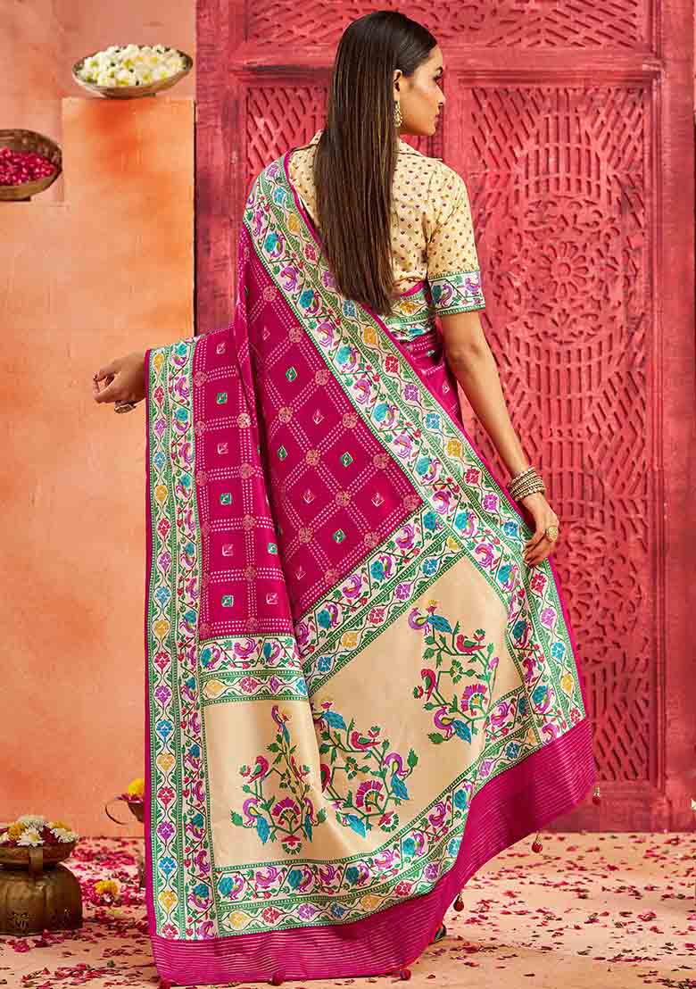 Magenta Printed Faux Tussar Silk Saree Set - Indya